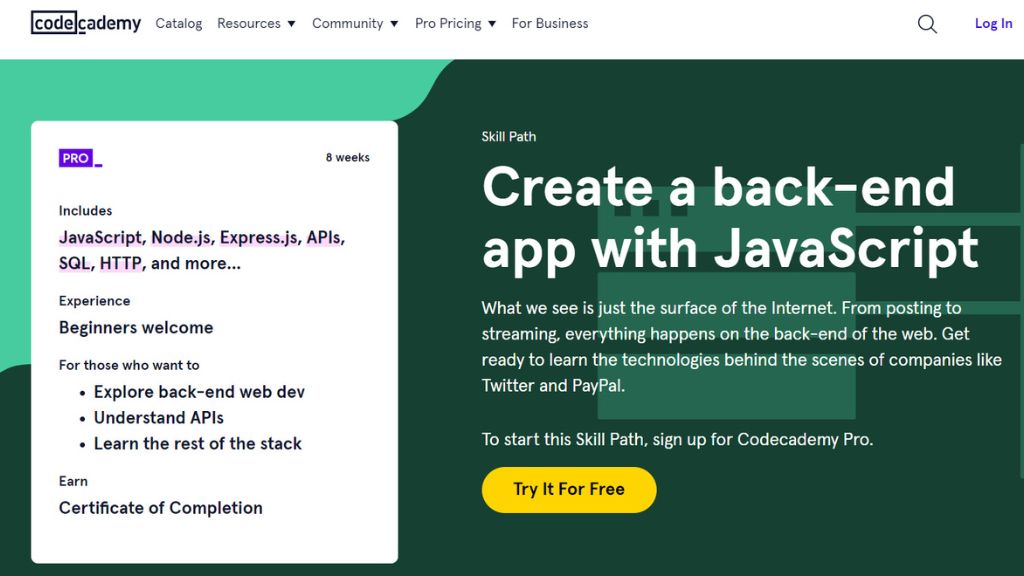 The homepage of the Codecademy website, featuring various skill development courses for learning programming and coding.