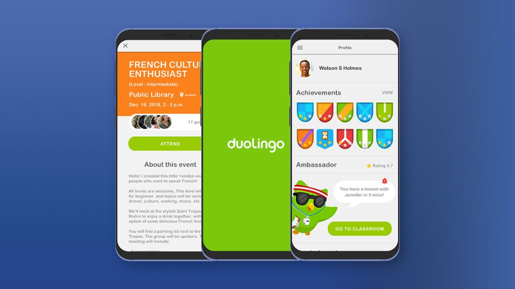 Duolingo app dashboard: displaying the user's language learning progress, course list, and chapter information.