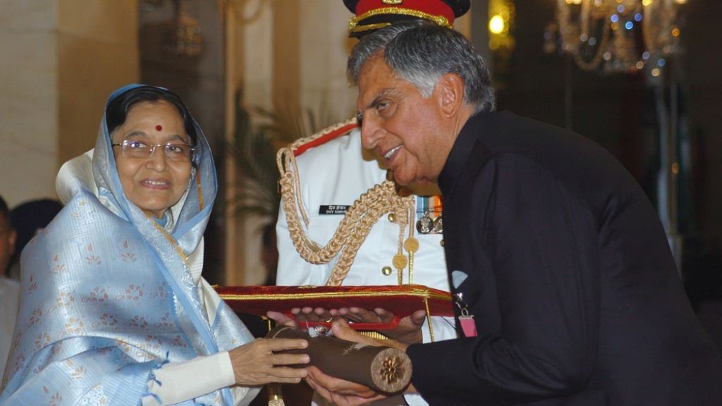 Ratan Tata receiving the Padma Bhushan award, one of India's highest civilian honors.