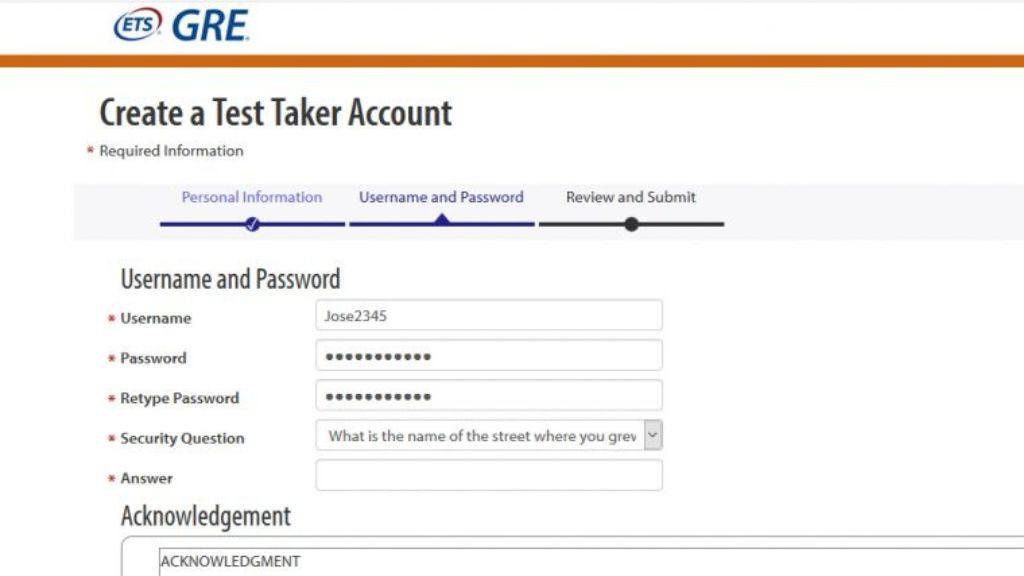 Creating an account for the GRE exam: The first step in registration.